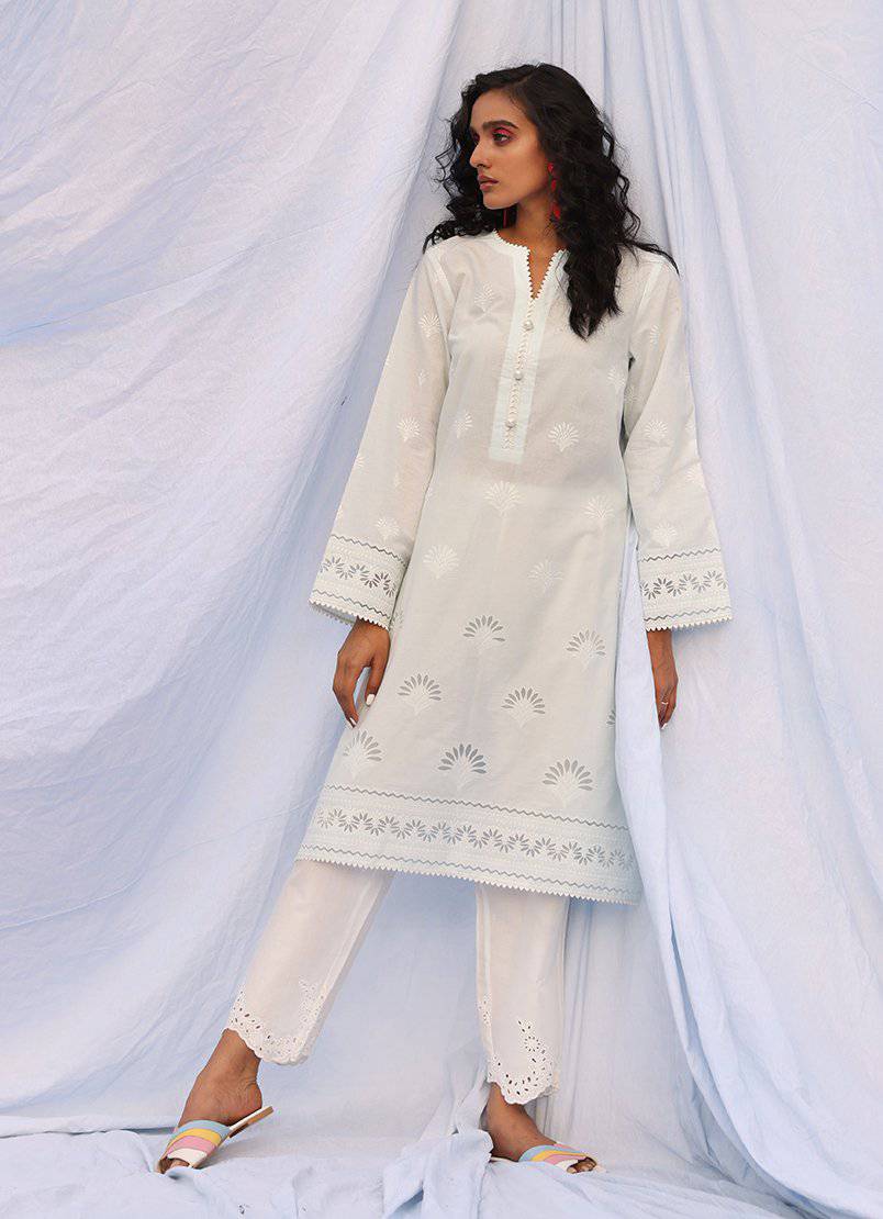 Ice-Blue Laser Cut Organza Kurta - Embroidered Pret